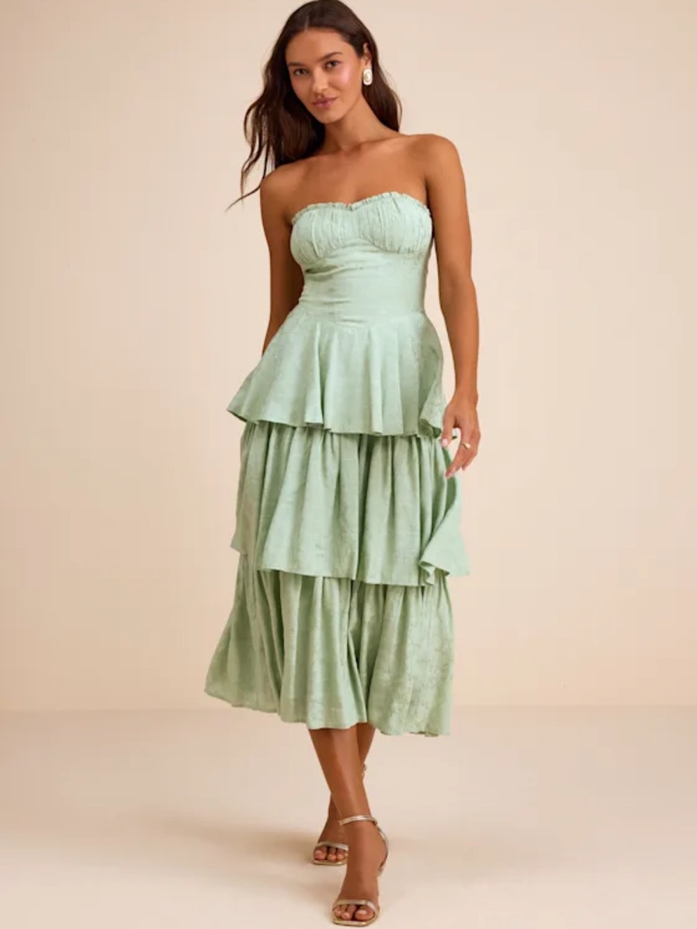 Small Beverly Sage Green Jacquard Tiered Midi Dress NWT